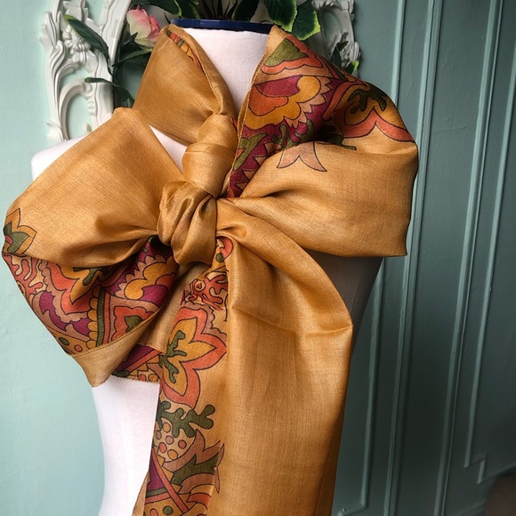Rusted Caramel  Silk mustard Floral scarf - Picture 5 of 7